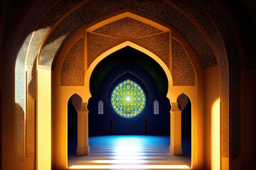 Islamic background painting. Mosque and shadows. Light rays from mosque window or door. Prayer's vision, generative ai. Muslim art.