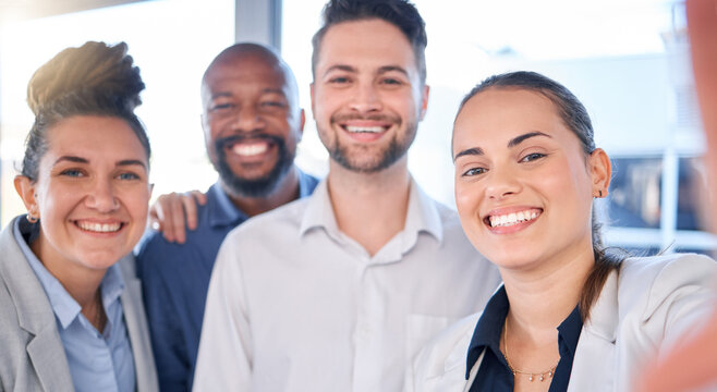 Business people, face and portrait smile for selfie, profile picture or vlog together at the office. Happy group of employee workers smiling for photo, memory or online social media post at workplace