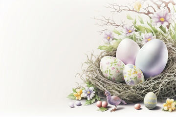 Easter wallpaper in pastel scolors with copy space for text. Easter eggs in a wicker nest with bird and spring flowers around on white background. Generative AI