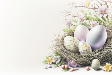 Fototapeta premium Easter wallpaper in pastel scolors with copy space for text. Easter eggs in a wicker nest with bird and spring flowers around on white background. Generative AI
