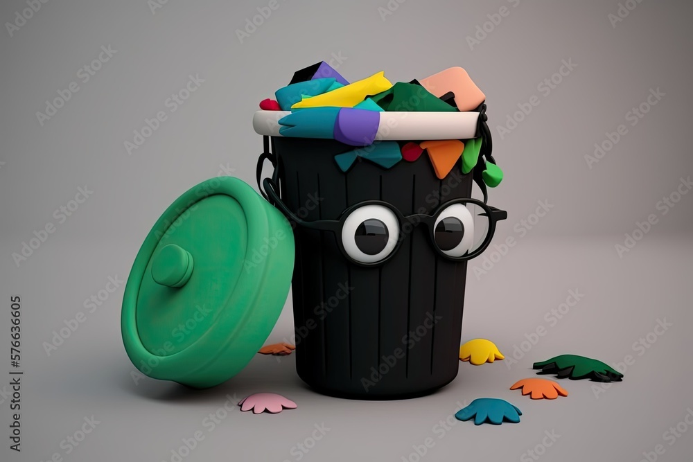 Poster close up of a black garbage can with a pile of colorful eyeglass frames and a grey background next t