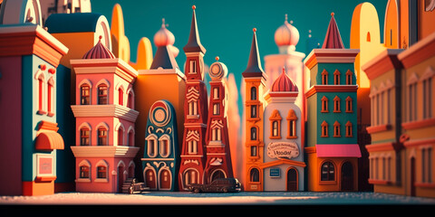 Colorful Cartoon-Style Russian Town with Cozy Houses and Onion-Shaped Towers