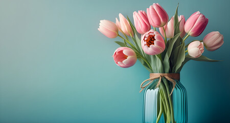 Tulip Flowers Bouquet in Vase on Blue Background with Copy Space