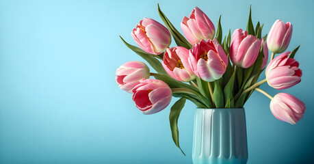 Stunning Tulip Flowers Bouquet in Vase on Blue Background with Copy Space