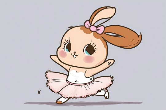cute cartoon of a baby bunny doing the splits while dressed as a ballerina. Generative AI
