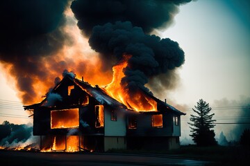 Burning wooden house at evening. Bright orange flames and dense smoke from under the tiled roof on dark sky, generative ai. Disaster and danger concept.