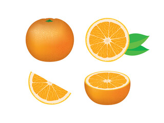 Fresh juicy orange citrus fruit icon set vector isolated on a white background. Whole, half, slice orange fruit icon set vector. Vitamin C food sources design element