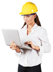 Female engineer in hard hat working with notebook