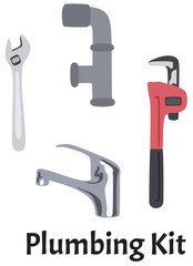 Plumbing tools, wrench, spanner, pipe and tap.