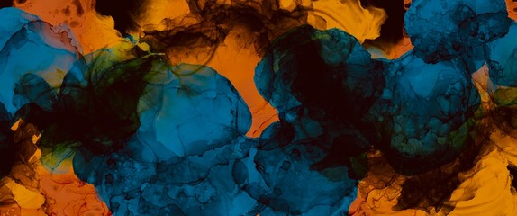 Orange and blue alcohol ink background, creative hand drawn art, fluid illustration with liquid technique, wallpaper for printed materials, watercolor texture for wall decorations, brochures or flyers
