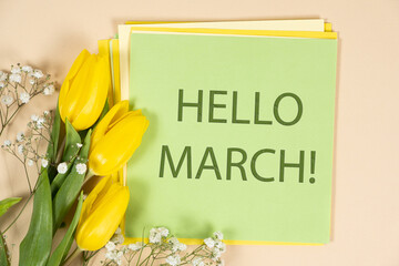 Hello march - spring postcard with yellow tulips and text
