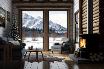 Winter Retreat: Cozy Living Room with Fireplace and Breathtaking Snowy Mountain Views in a Rustic Forest Chalet