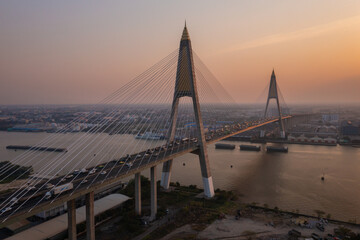 Aerial view of kanchanaphisek Bridge sunset Bangkok, Thailand
