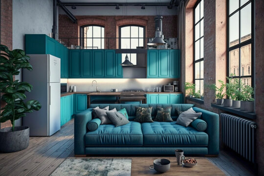 Modern kitchen minimalistic interior design with sofa, super photo realistic background, generative ai © Anna