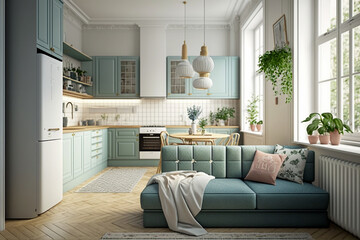 Fototapeta na wymiar Modern kitchen minimalistic interior design with sofa, super photo realistic background, generative ai