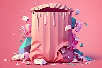 Expired pink background with a trash bag full of trash. A void for the insertion of text. Generative AI