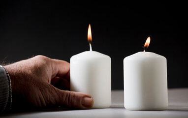 candle in the hands of man on a black background
