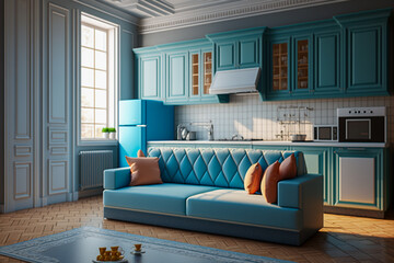 Modern kitchen minimalistic interior design with sofa, super photo realistic background, generative ai