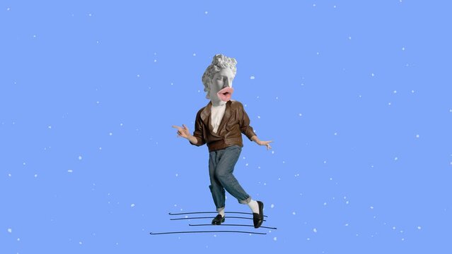 Stop motion, animation. Young man in stylish clothes headed by antique statue head dancing on blue background. Contemporary colorful art collage. Concept of art, business, comparison of eras