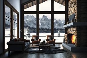 Winter Retreat: Cozy Living Room with Fireplace and Breathtaking Snowy Mountain Views in a Rustic Forest Chalet