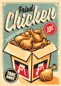 Promotional poster design for fried chicken fast food diner. Restaurant menu for take away food package. Vector drawing illustration.