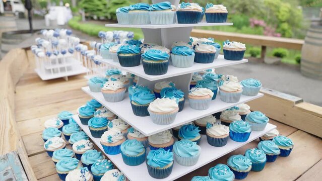 Delicious cake bar at the wedding. Table of sweets and desserts, cupcakes and cake pops in blue tones, they look delicious.