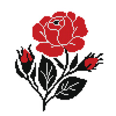 Realistic Cross-Stitch Embroideried Rose. Ethnic Floral Motif, Handmade Stylization. Traditional Ukrainian Red and Black Embroidery. Ethnic Single Design Element. Vector 3d Illustration