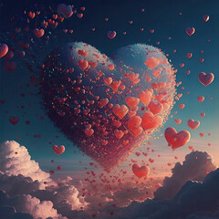 A dreamy love theme on the sky filled with floating hearts created using generative ai