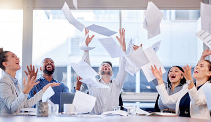Documents, winner and success with a business team throwing paper into air during a boardroom...