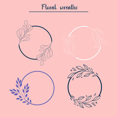 Flourish laurel wreaths for your designs. Logo templates. Set of hand-drawn botanical wreaths. Perfect for wedding invitations and organic eco brands.