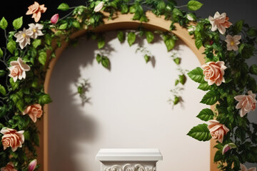 Fototapeta na wymiar A flower arch with fresh herbs with a white pedestal, stand, podium in the foreground. Bright spring advertising showcase for the product. AI Generative Content