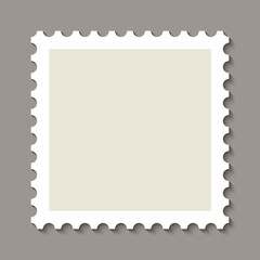 Postage perforated label. Post stamp. Postal rectangular frame. Empty mail stamp. White paper postmark for envelope letter. Blank border isolated on gray background. Vector illustration.