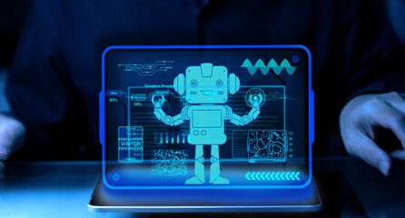 AI robot in computer chat with user in graphic for technology