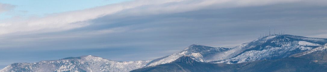 Panoramic view of the top of Monte Pisano area covered by snow, province of Pisa, Italy