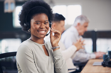 Portrait, call center and contact us with a black woman consultant working in her telesales office. Customer service, support and telemarketing with a female employee consulting using a headset