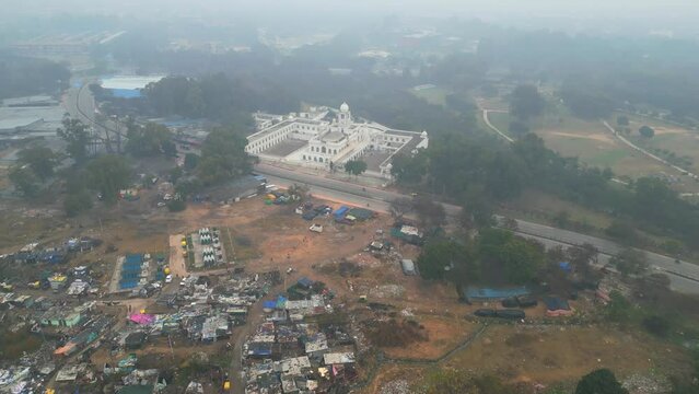 big hotel in Punjab to view early morning Punjab city bird eye view Mohali India drone shot winter fog