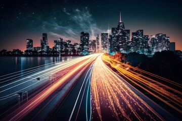 Obraz premium Smart digital city with high speed light trail of cars of digital data transfer ai generated