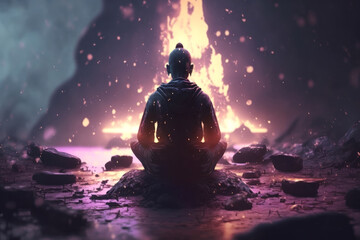 Naklejka na ściany i meble Meditation: Meditating man in a calm atmosphere with a beautiful landscape | Generative AI Production