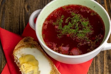 Borscht cooked with red beetroot with sour cream