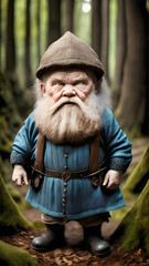 closeup of photo-realistic dwarf old man with long beard and hat in forest with blurry trees in background, generative AI