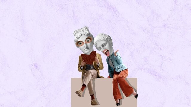 Stop motion, animation. Modern contemporary design. Stylish couple headed with ancient statue heads reading magazine, spreading rumors on light background. Retro style. Inspiration, idea. Surrealism.
