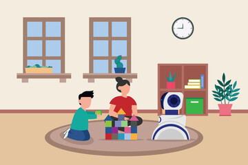 Robot Baby Sitter Playing Cubes With Children 2d vector illustration concept for banner, website, illustration, landing page, flyer, etc.