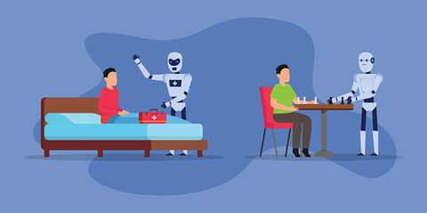 Robot medics checking patient and play chess 2d vector illustration concept for banner, website, illustration, landing page, flyer, etc.