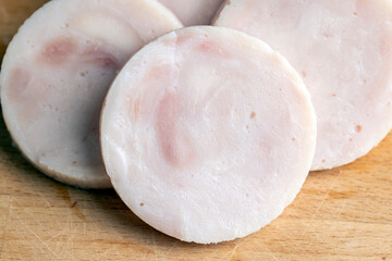 Sliced round-shaped ham from chicken meat