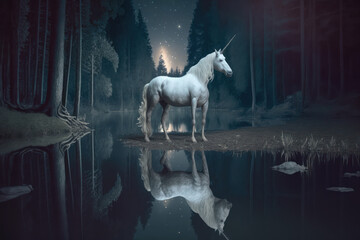 Fantasy unicorn in wonderland forest. Generative AI
