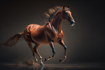 Fototapeta na wymiar Running brown horse on black background. Generative AI