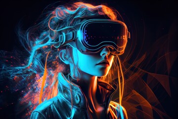 Portrait of young woman wearing virtual reality glasses in neon lights. Generative AI