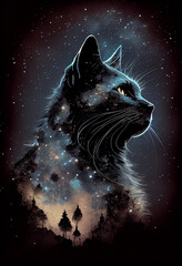 Silhouette of a cat from the fog and stars in the night sky. AI generated
