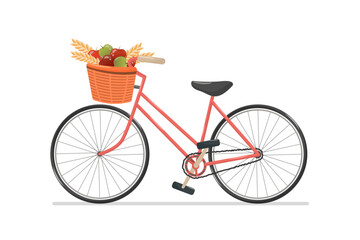 Fototapeta na wymiar Vintage bicycle with basket of wheat and apples. Autumn isolated composition in retro style.