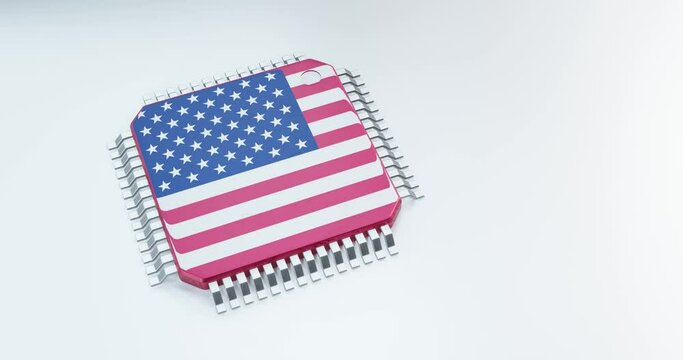  3d render of microchip or semiconductor chip in US flag, for computing.